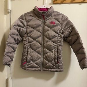The North Face Light Gray Quilted Jacket with Pink Accents